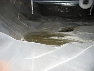 Water pooled on top of plastic sheeting in a crawl space