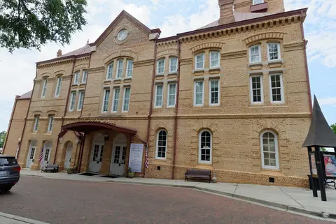 The Newberry Opera House, a brick building with a clock tower in downtown Newberry, South Carolina