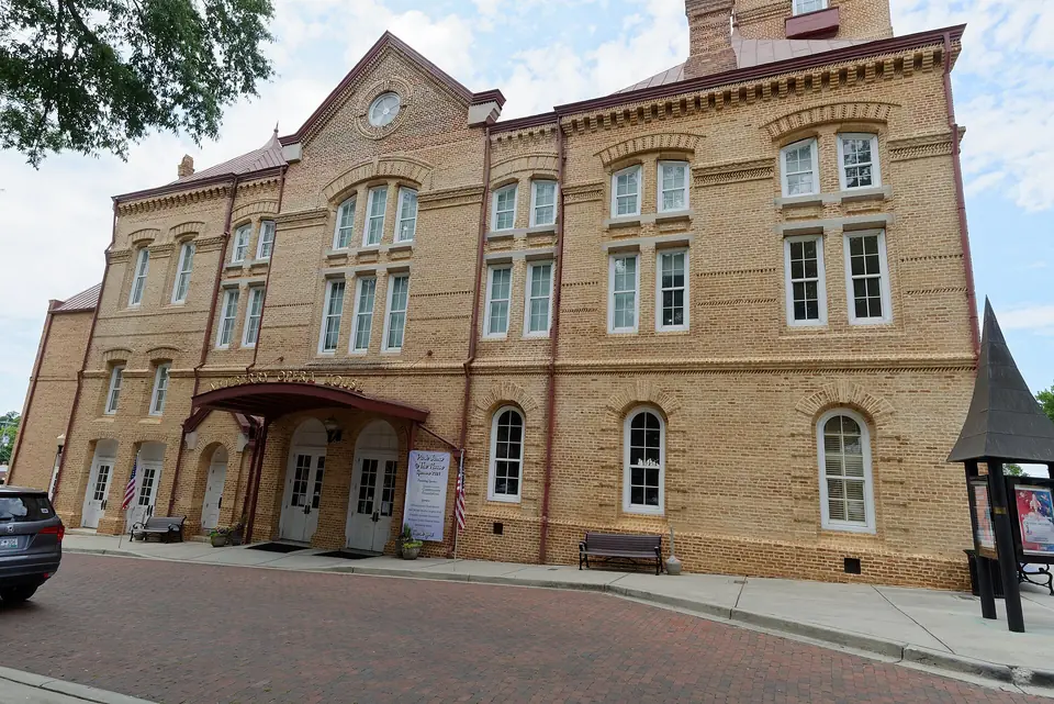 The Newberry Opera House, a brick building with a clock tower in downtown Newberry, South Carolina
