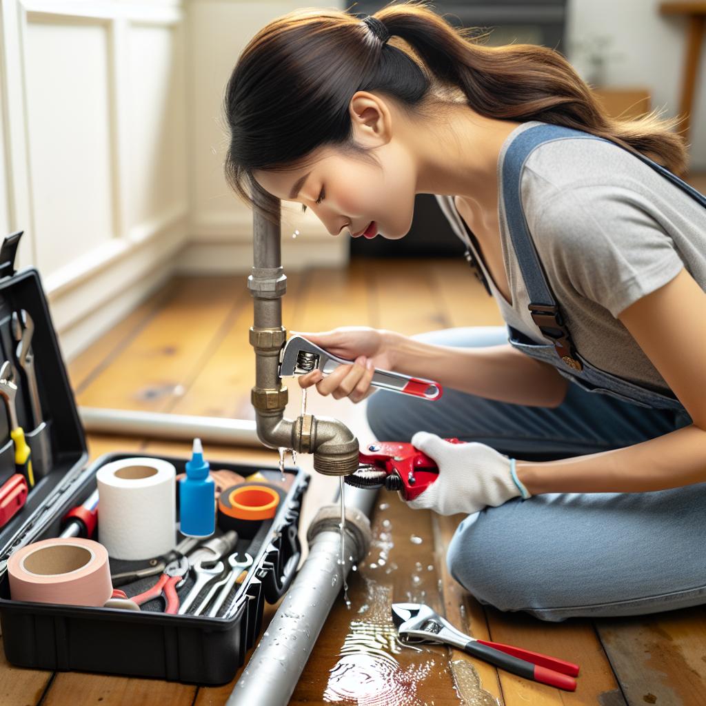 Plumber repairing leaky pipe