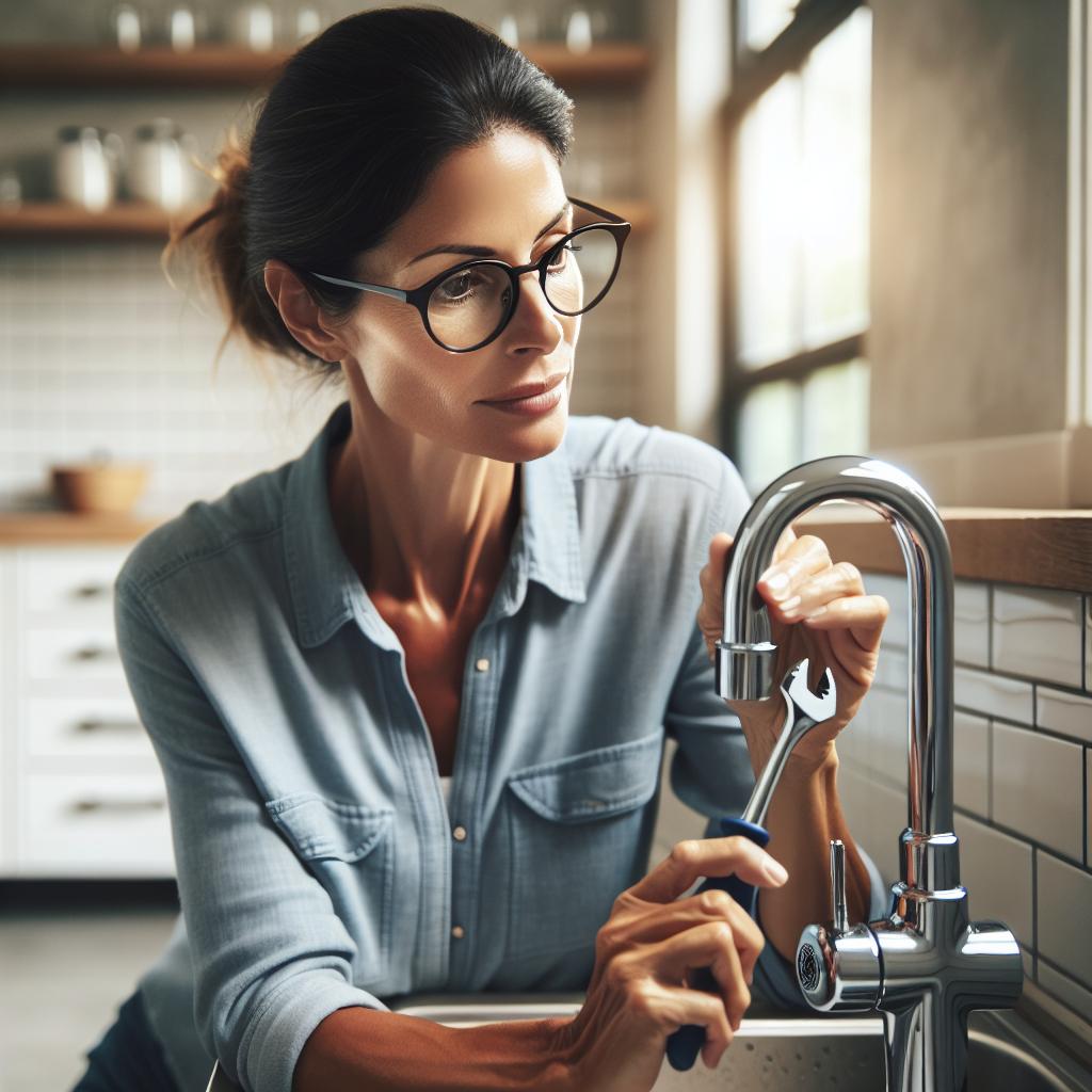 Woman fixing dripping faucet