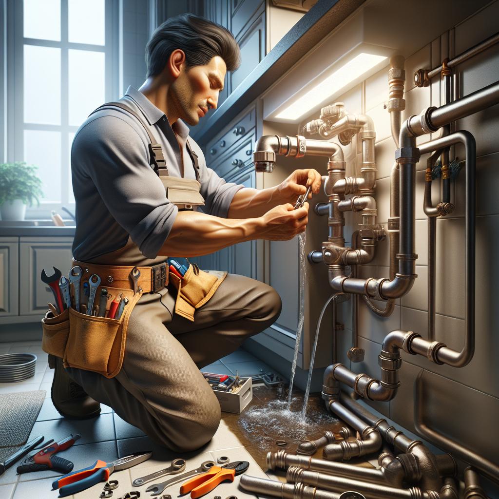 Plumber fixing household pipes