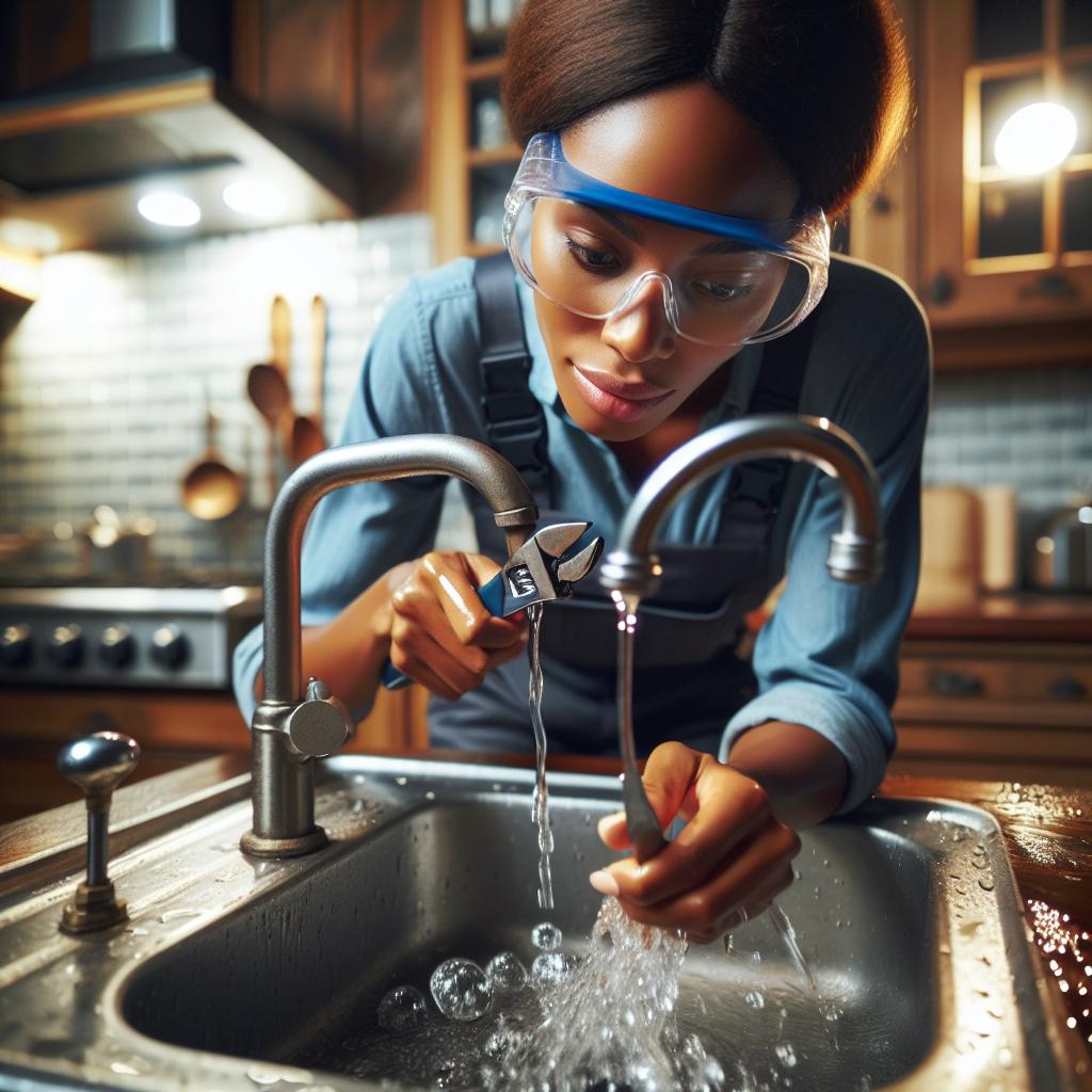 Plumber inspecting leaking faucet