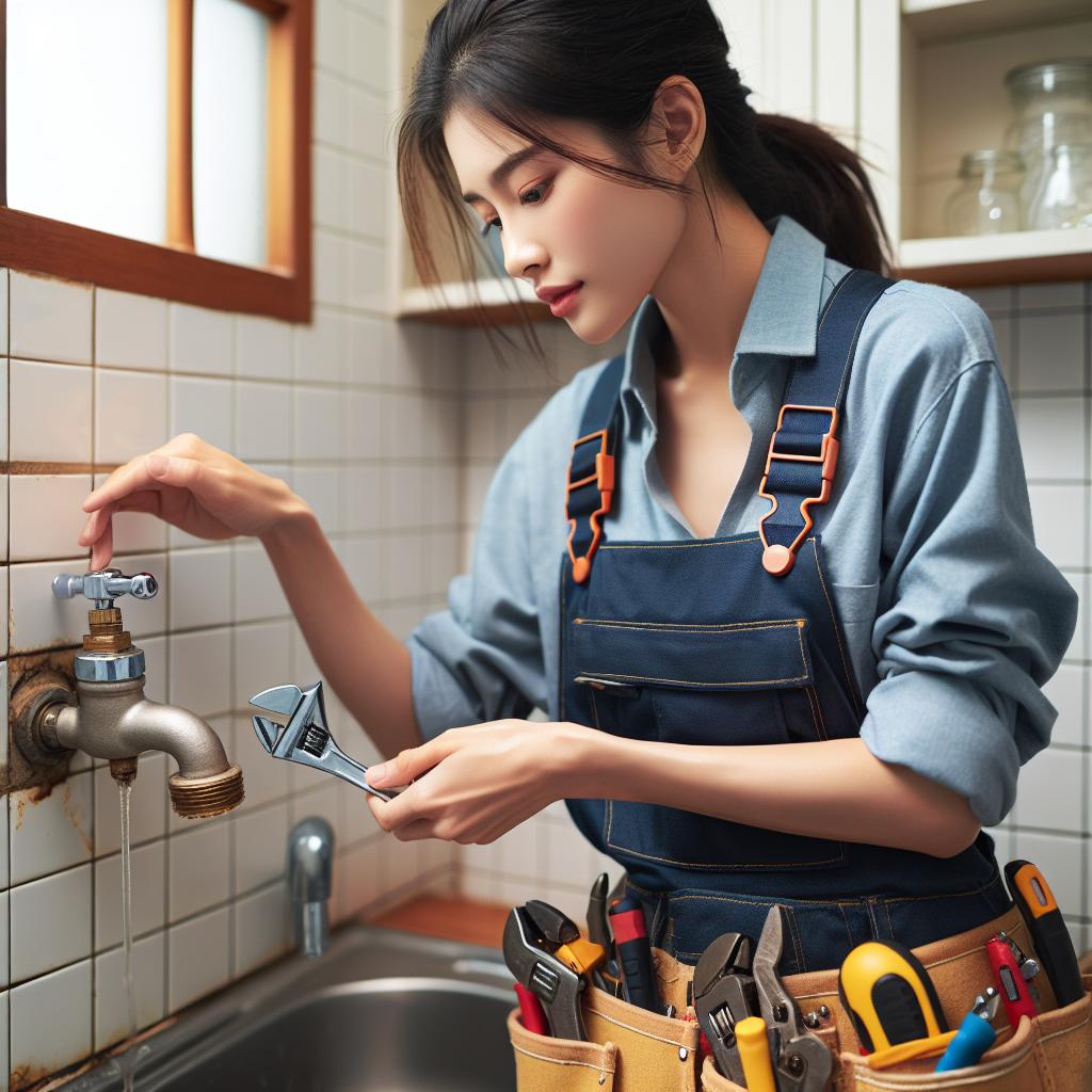 Plumber fixing leaky faucet